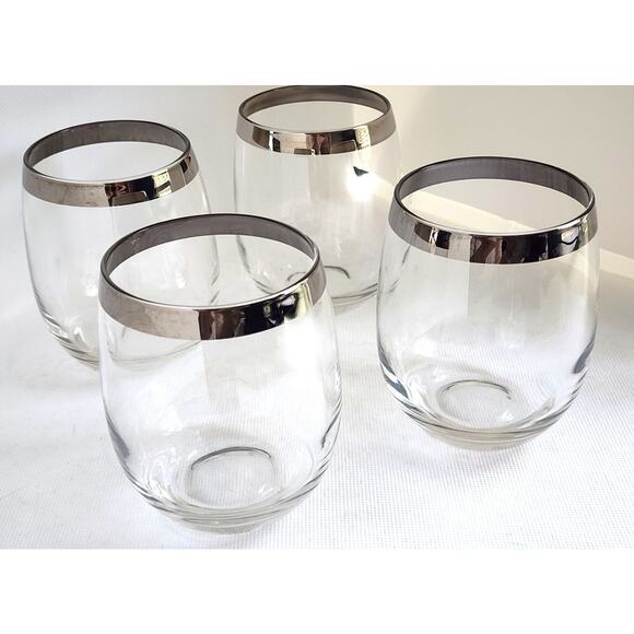 WINE GLASSES-STEMLESS-Clear Glass With Silver Rims-Rounded-Set of 4 - Picture 2 of 9
